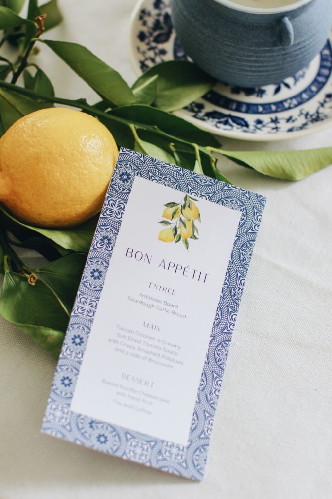 Blue and white Italian-inspired menu card with Mediterranean styling
